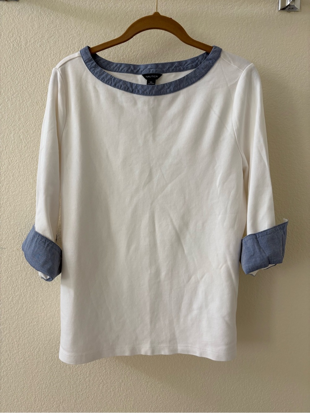 Nautica White Long-Sleeve Tee with Blue Chambray Trim